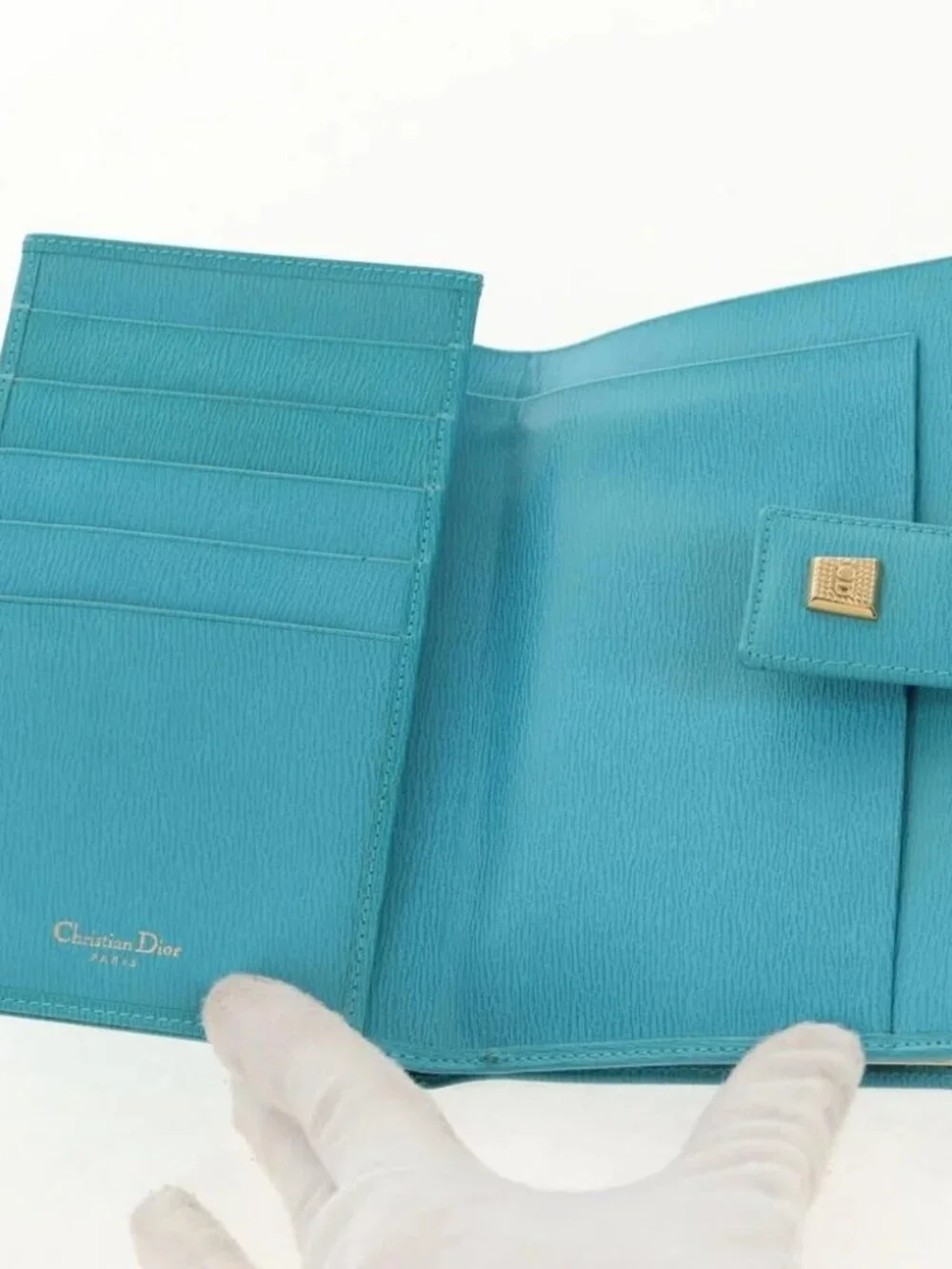 Christian Dior Long Wallet Leather Light Blue Gold Auth